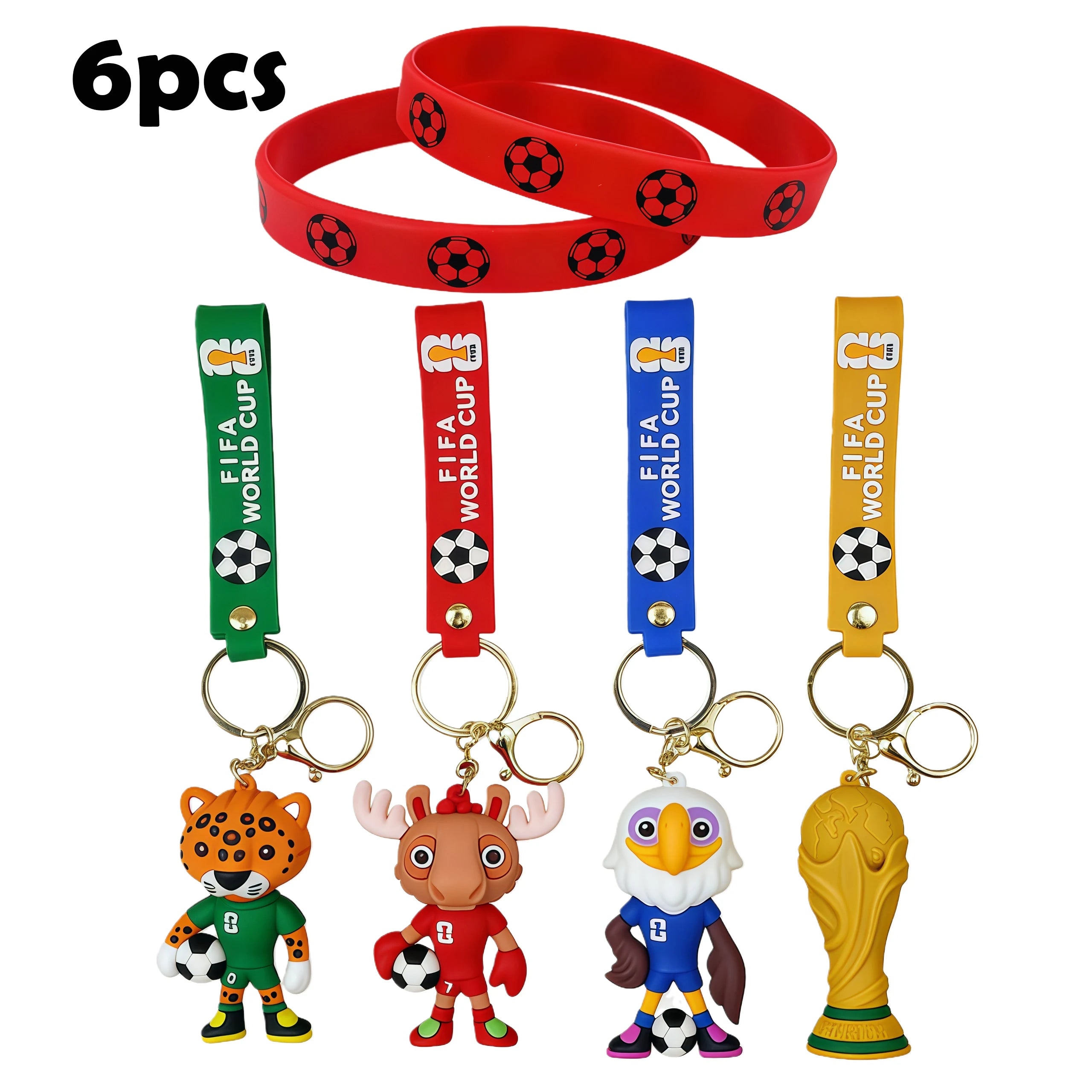 6Pcs 2026 Football Event-related Products, Including Mascots, Statues, Keychains, and Wristbands